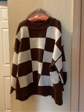 Checkerboard Brown and White Oversized Women's Sweater
